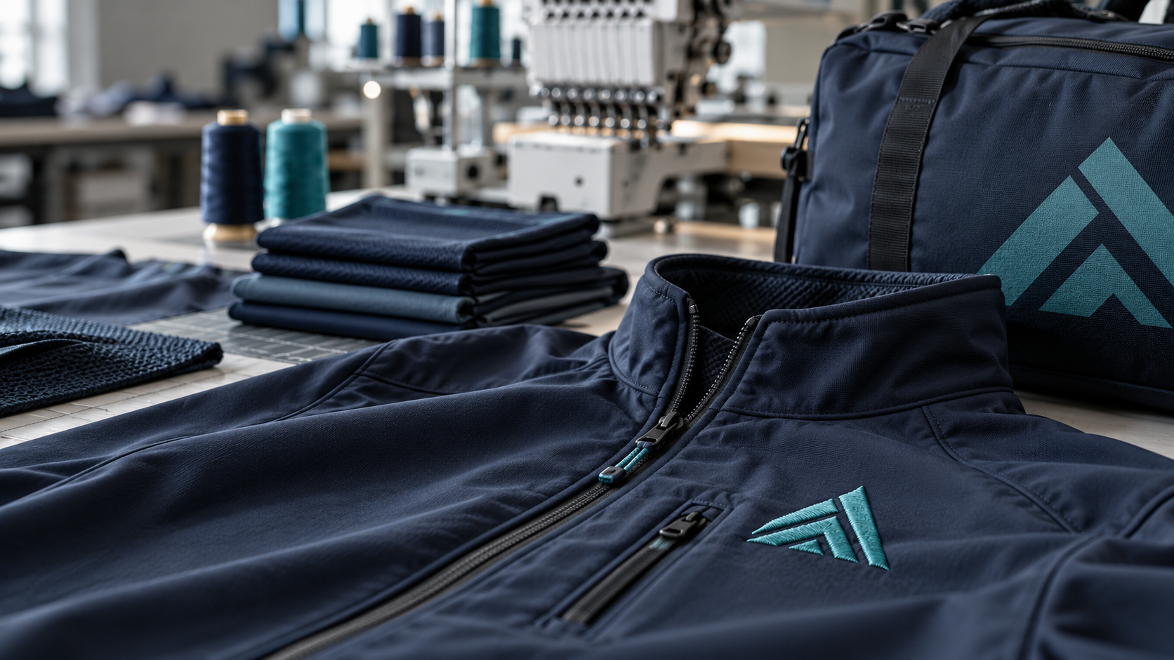 Lacivert teknik tekstil ürünü üzerinde turkuaz nakış ve baskı detayı