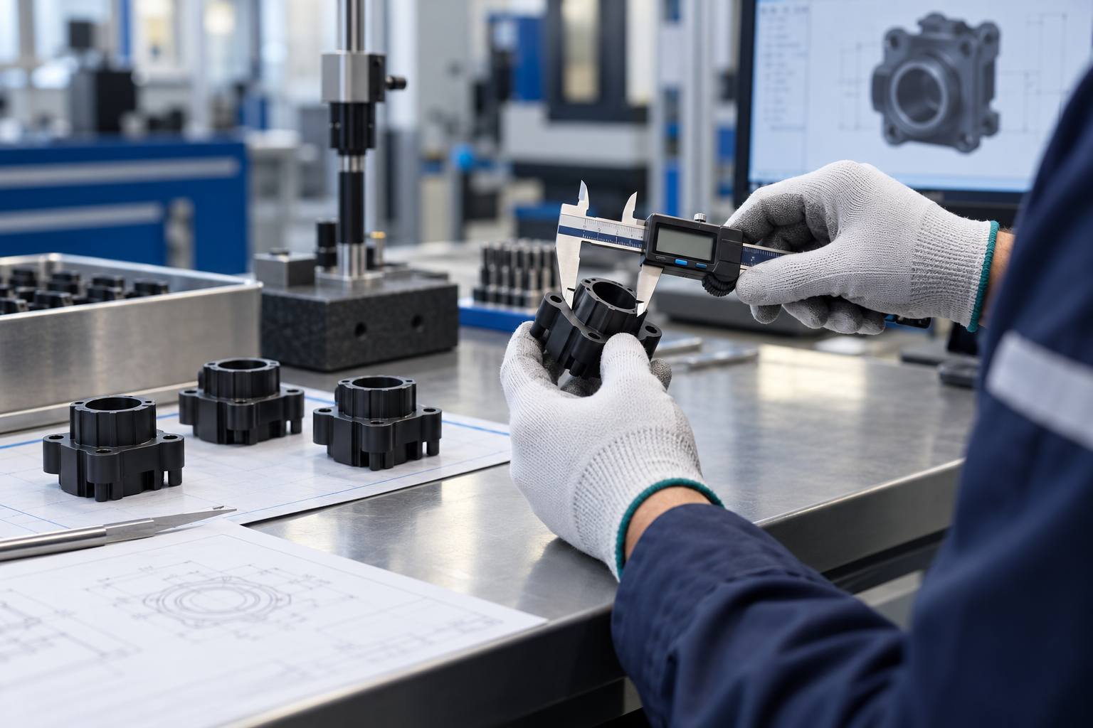 Üretilen CNC parçanın dijital kumpasla ölçü kontrolü