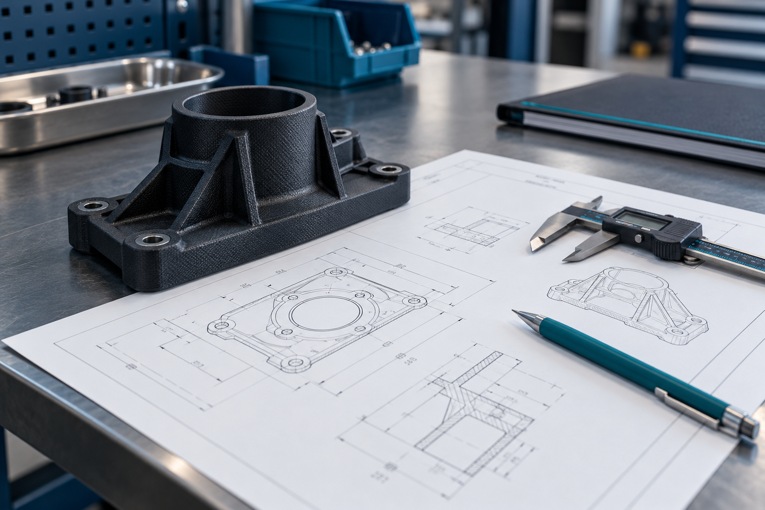 CNC üretimi için ölçülendirilmiş teknik çizim ve hassas ölçüm araçları