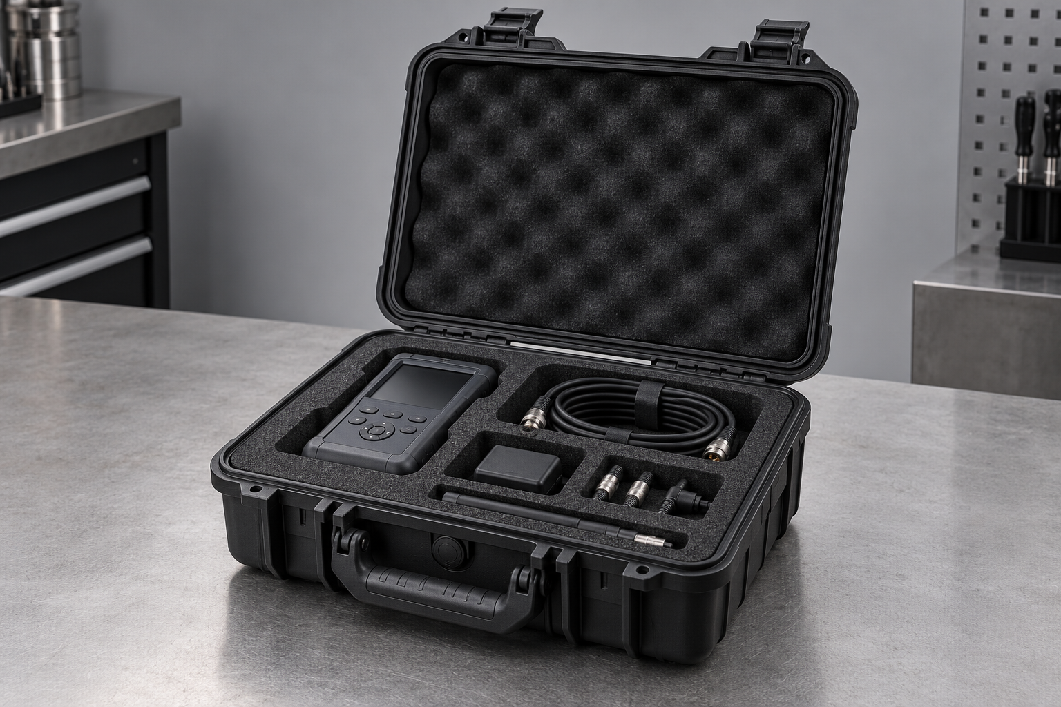Sert plastik hard case içinde düzenlenmiş elektronik ölçüm ekipmanı