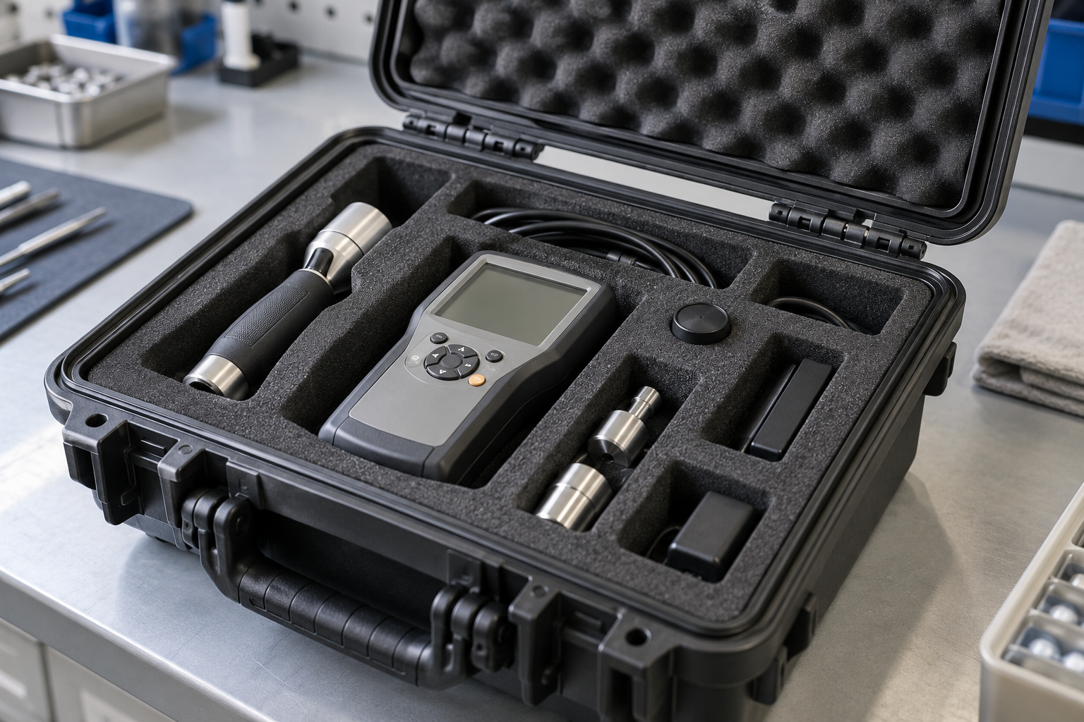 Hard case içinde ölçüm cihazları ve aksesuarlar için biçimlendirilmiş köpük bölmeler