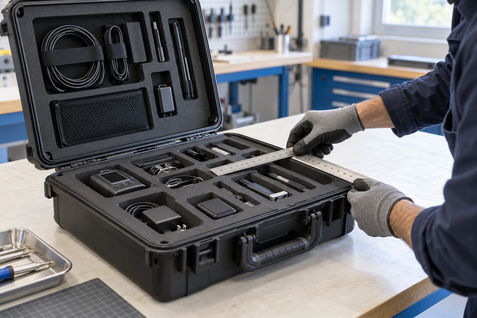 Atölyede ölçü ve iç bölme yerleşimi kontrol edilen hard case prototipi