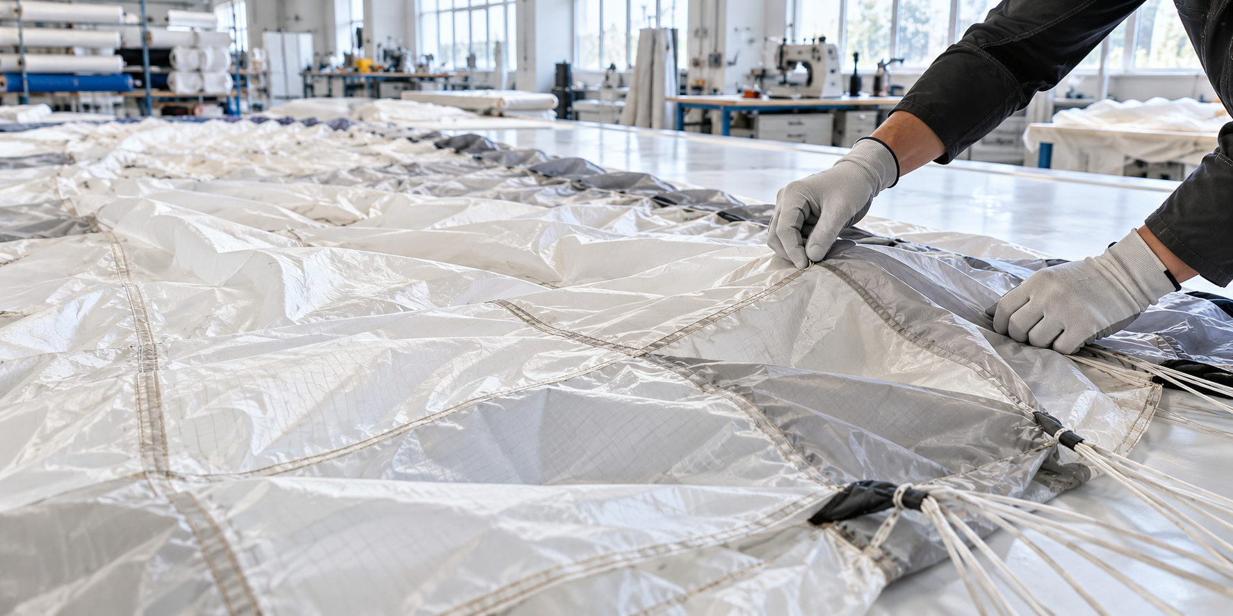 Teknik tekstil atölyesinde paraşüt kumaş panelleri ve dikişlerin incelenmesi